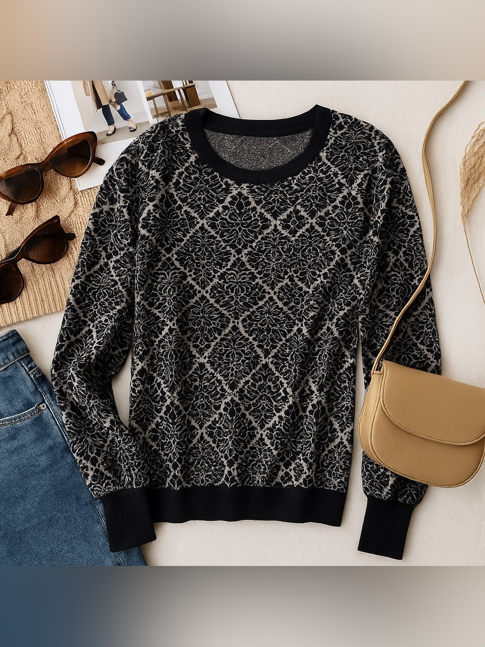 New York & Company Black & Gray Damask Knit Pullover Sweater Size Medium